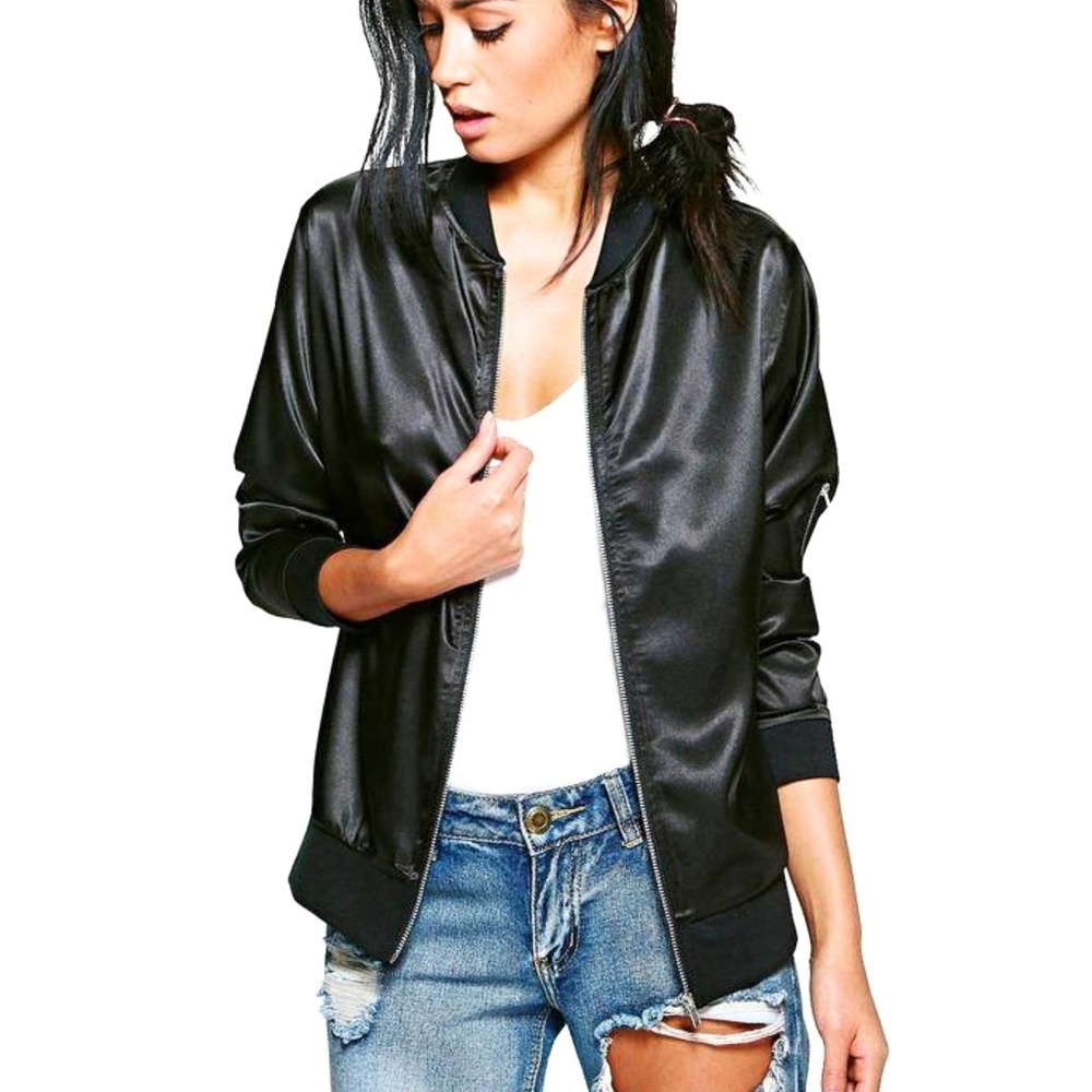Caribbean Joe Woman Black Satin Bomber Jacket